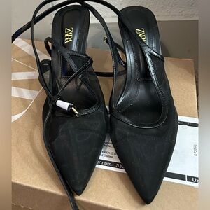 Zara Black Mesh and Leather Pointed Toe Double Strap around ankle